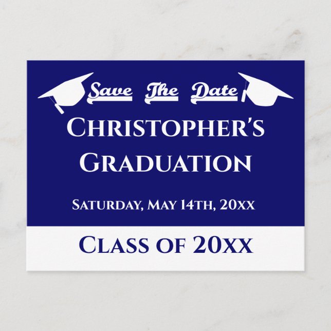 Blue White Modern Classic Graduation Save The Date Postcard (Front)