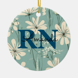Blue White Modern Daisy Personalised Name RN Nurse Ceramic Tree Decoration
