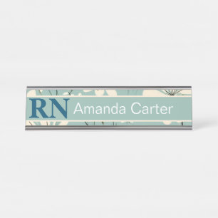 Blue White Modern Daisy Personalised Name RN Nurse Desk Name Plate
