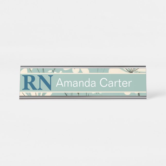 Blue White Modern Daisy Personalised Name RN Nurse Desk Name Plate (Front)
