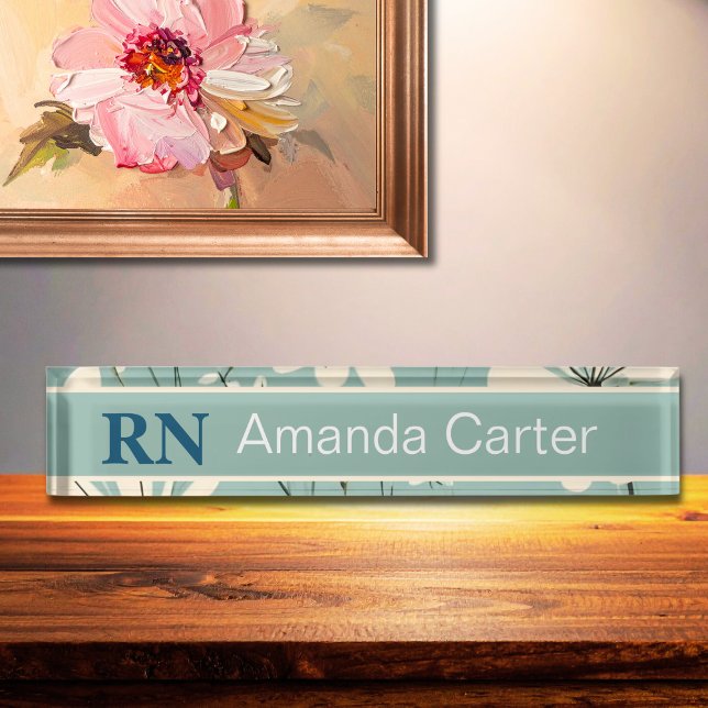 Blue White Modern Daisy Personalised Name RN Nurse Nameplate (Creator Uploaded)