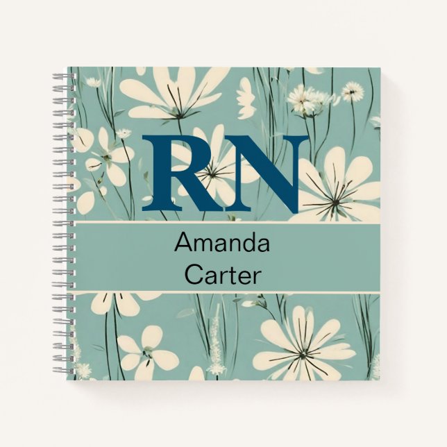 Blue White Modern Daisy Personalised Name RN Nurse Notebook (Front)