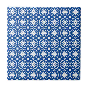 Blue white modern geometric floral pattern tile