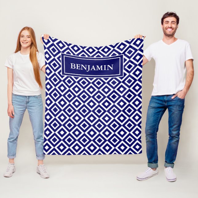 Blue White Modern Geometric Pattern Personalise Fleece Blanket (In Situ)