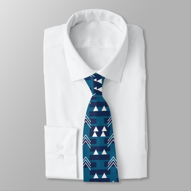 Blue White Modern Geometric Pattern Tie (Tied)
