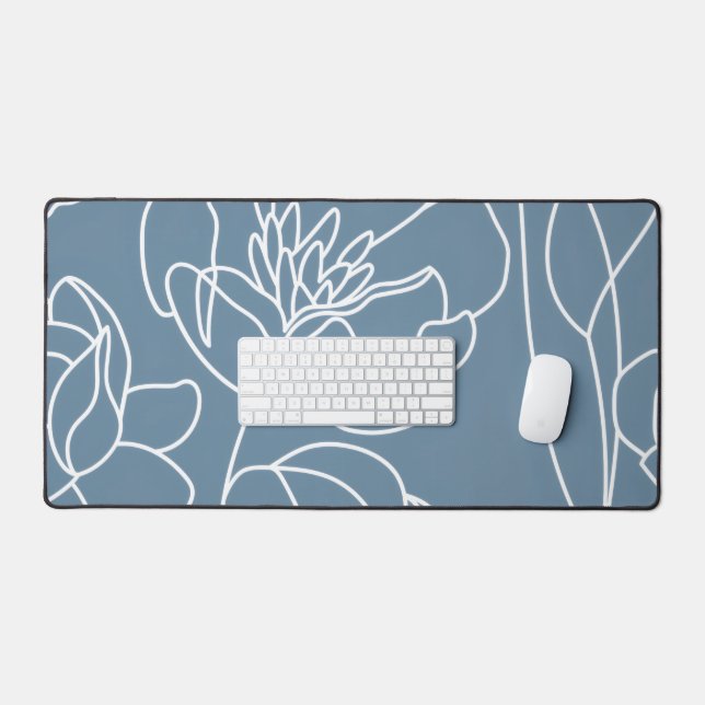 Blue White Modern Wildflower Desk Mat (Keyboard & Mouse)
