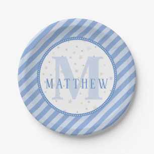 Blue & White Monogram Baby Shower Paper Plate