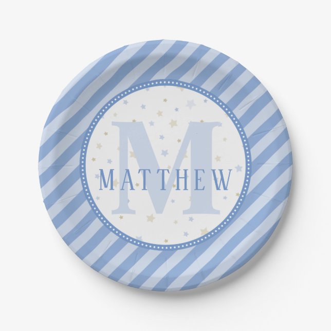 Blue & White Monogram Baby Shower Paper Plate (Front)