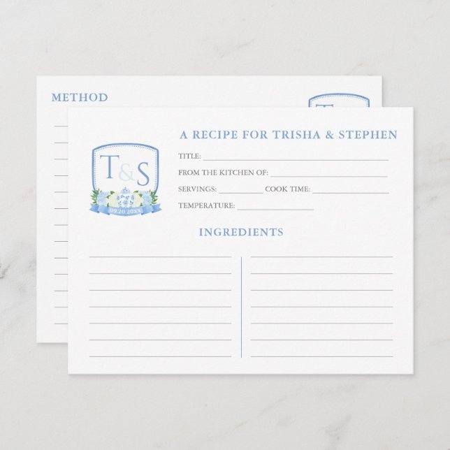 Blue White Monogram Bridal Shower Recipe Card (Front/Back)