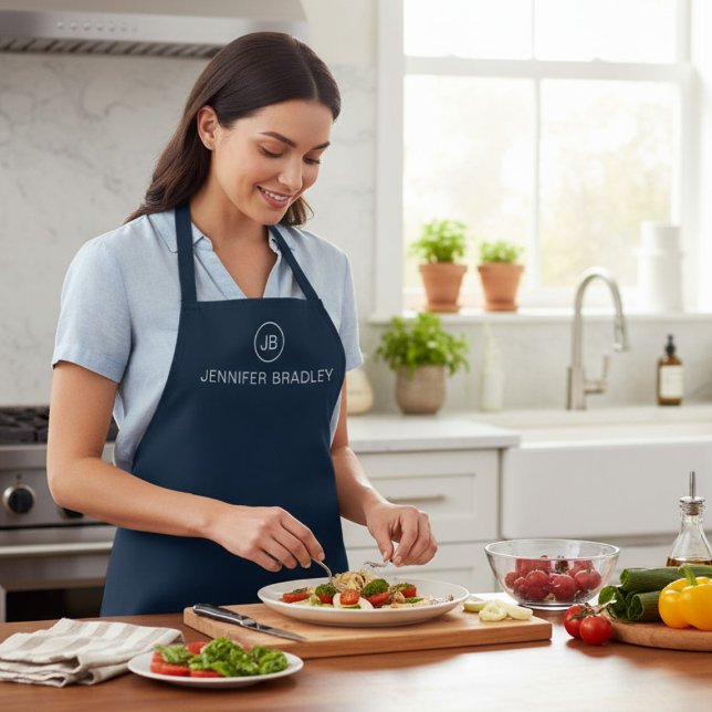 Blue White Monogram Custom Name Gift Apron (Creator Uploaded)