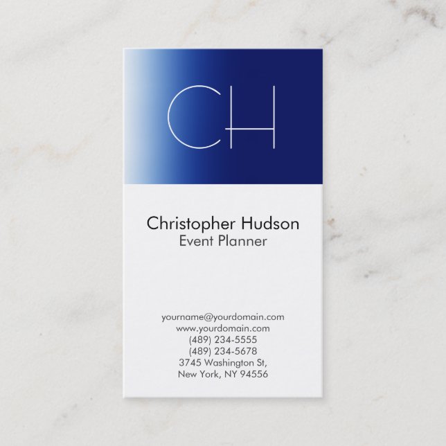 Blue White Monogram Event Planner Business Card (Front)