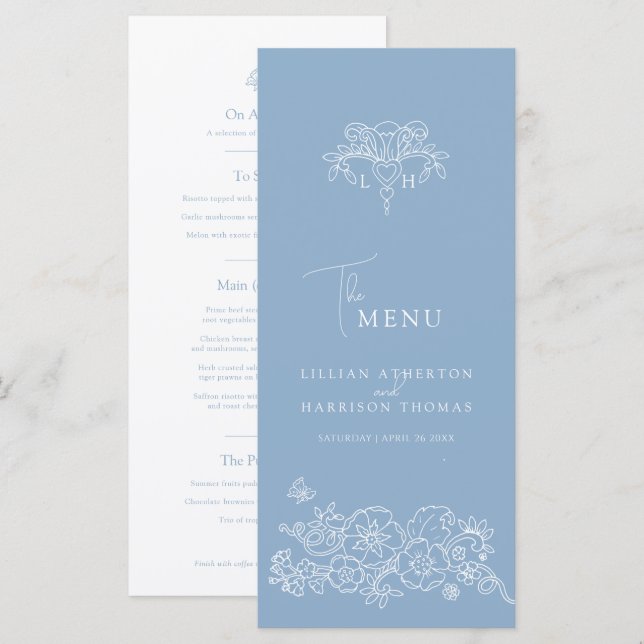 Blue white monogram fleur de lis wedding menu (Front/Back)