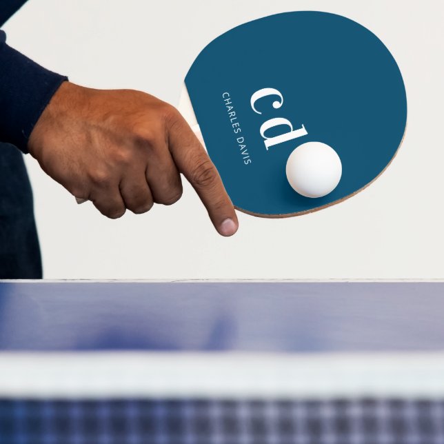 Blue white monogram initails name minimalist ping pong paddle (Insitu)