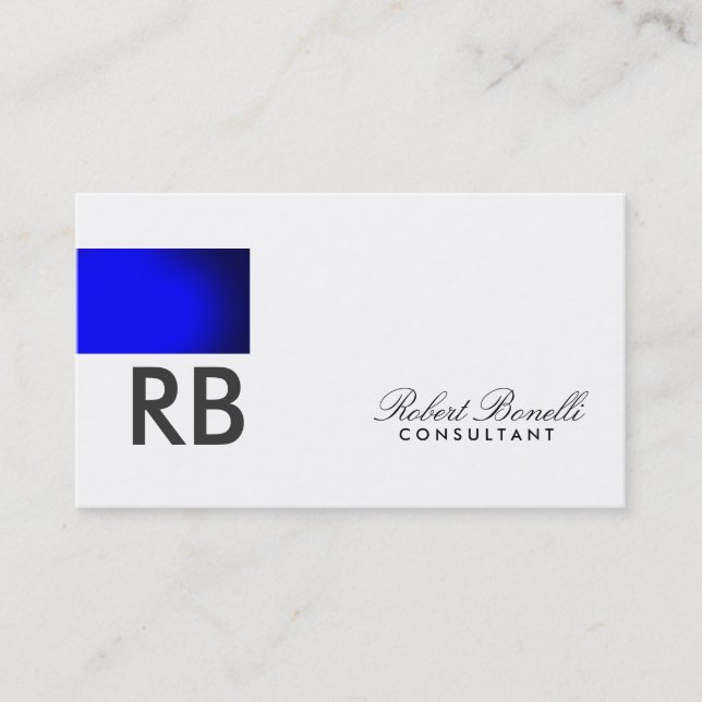Blue White Monogram Script Consultant Business Card (Front)