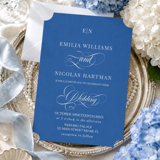 Blue White Monogram Wedding Invitation (Creator Uploaded)