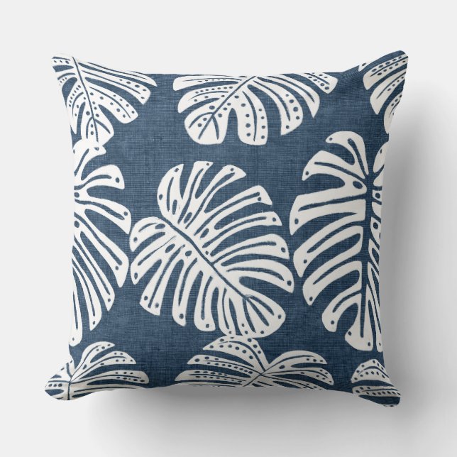 Blue & White Monstera Leaf Throw Pillow (Front)