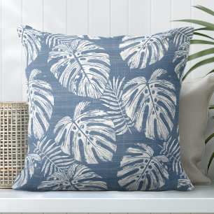 Blue & White Monstera Palm Leaves Cushion