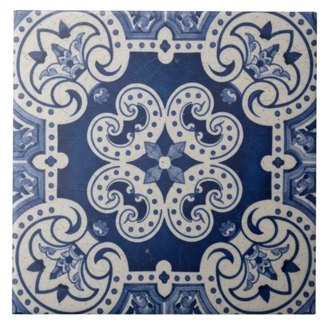 Blue White Moroccan Portuguese Traditional Pattern Tile (Front)