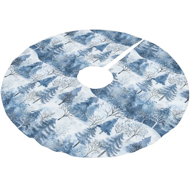 Blue White Mountain Christmas Trees Brushed Polyester Tree Skirt (Angled)