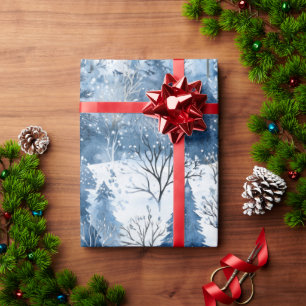 Blue White Mountain Christmas Trees Wrapping Paper