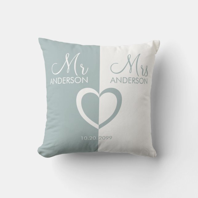 Blue white Mr Mrs name heart wedding gift Cushion (Front)