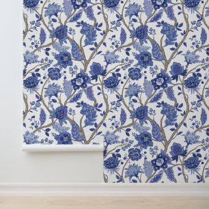 Blue & White Mughal Garden Floral Pattern Wallpaper
