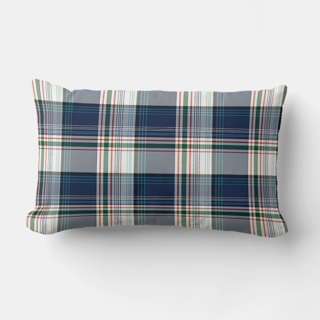 Blue, White, Multi Thread Plaid Lumbar Cushion (Front)