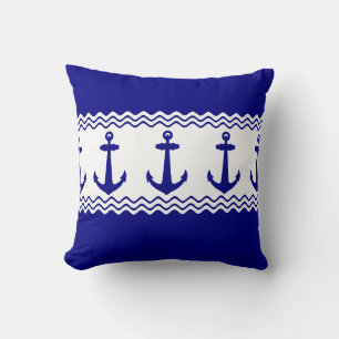 Blue White Nautical Anchor Coastal Stripes Cushion