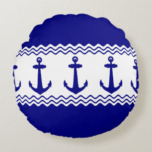 Blue White Nautical Anchor Coastal Stripes Round Cushion