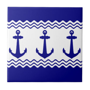 Blue White Nautical Anchor Coastal Stripes Tile