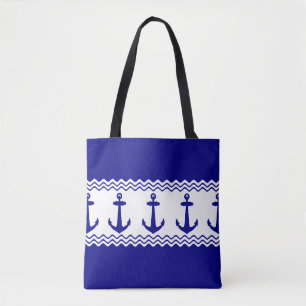 Blue White Nautical Anchor Coastal Stripes Tote Bag