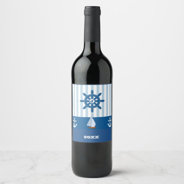 Blue White Nautical Anchor Monogram Wine Label (Front)