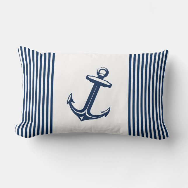 Blue White Nautical Anchor Stripes Lumbar Cushion (Front)