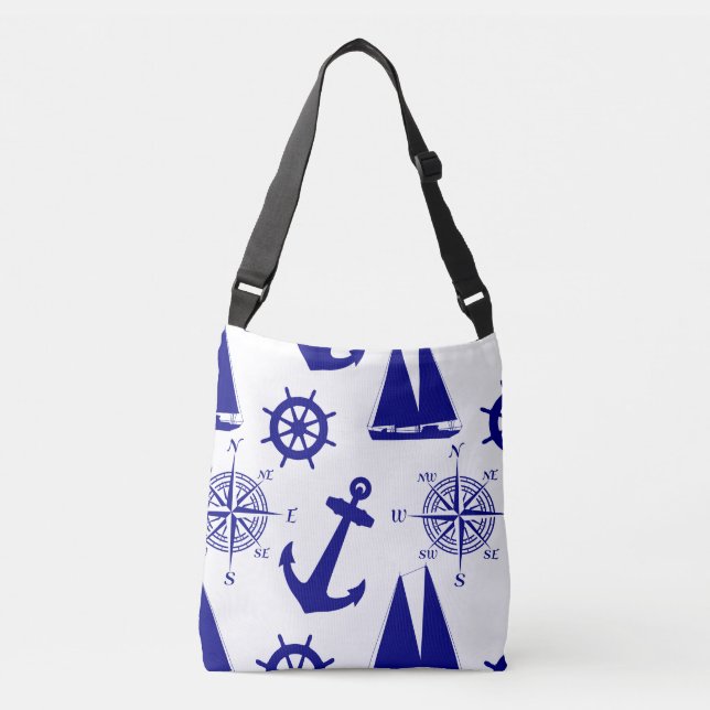 Blue White Nautical Coastal Boating Crossbody Bag (Front)