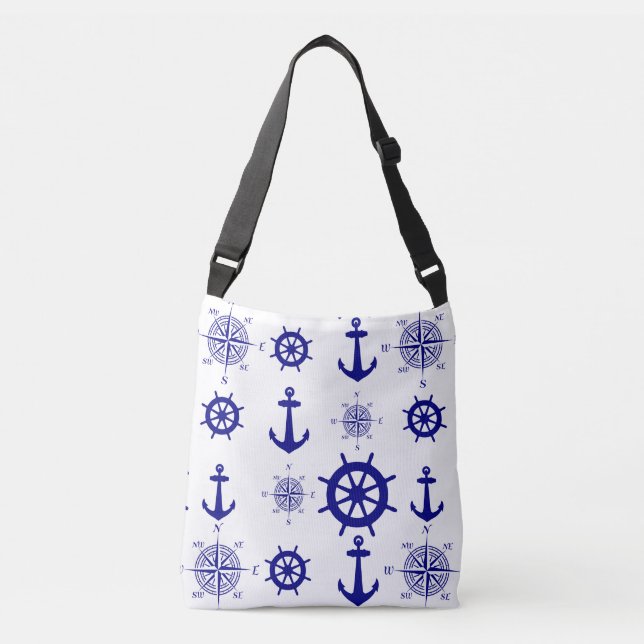 Blue White Nautical Coastal Boating Crossbody Bag (Front)