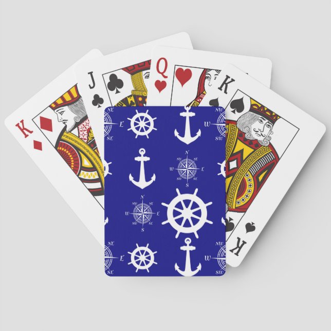 Blue White Nautical Coastal Boating Playing Cards (Back)