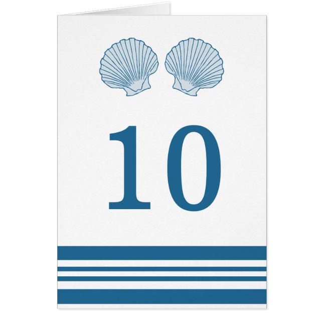 Blue White Nautical Seashells Table Number Card (Front)
