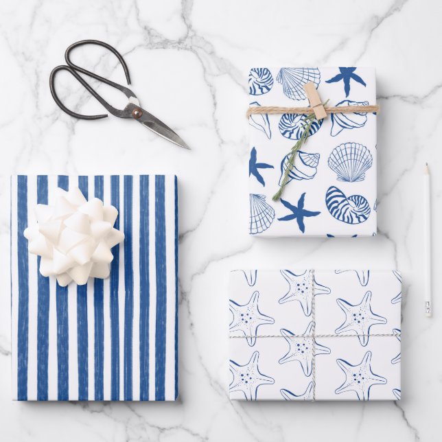 Blue & White Nautical shells and stripes Wrapping Paper Sheet (Front)