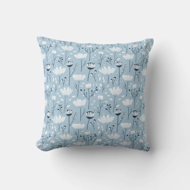 Blue White Navy Whimsical Watercolor Florals Cushion (Front)