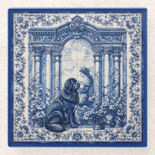 Blue & White Newfoundland Garden Tile Mural Glass Coaster (Front)