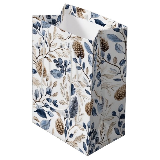 Blue White Nordic Christmas Pine Cones Medium Gift Bag (Front Angled)