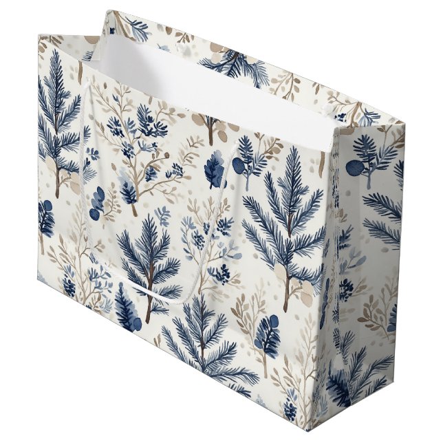 Blue White Nordic Christmas Tree Branches Large Gift Bag (Front Angled)