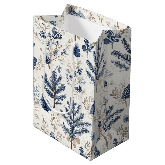 Blue White Nordic Christmas Tree Branches Medium Gift Bag (Front Angled)