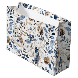 Blue White Nordic Pine Cones Christmas Large Gift Bag