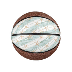 Blue White Ocean Beach Stripes Starfish Mini Basketball