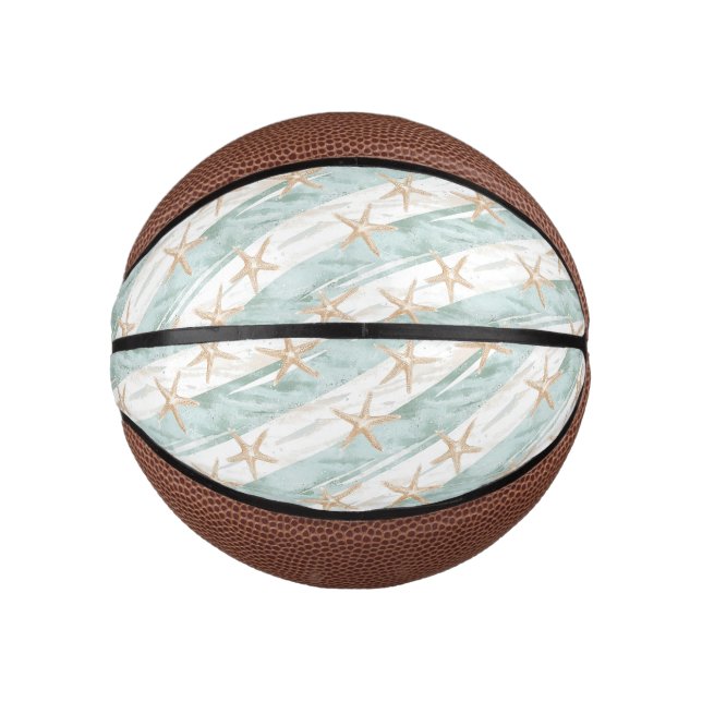 Blue White Ocean Beach Stripes Starfish Mini Basketball (Front)