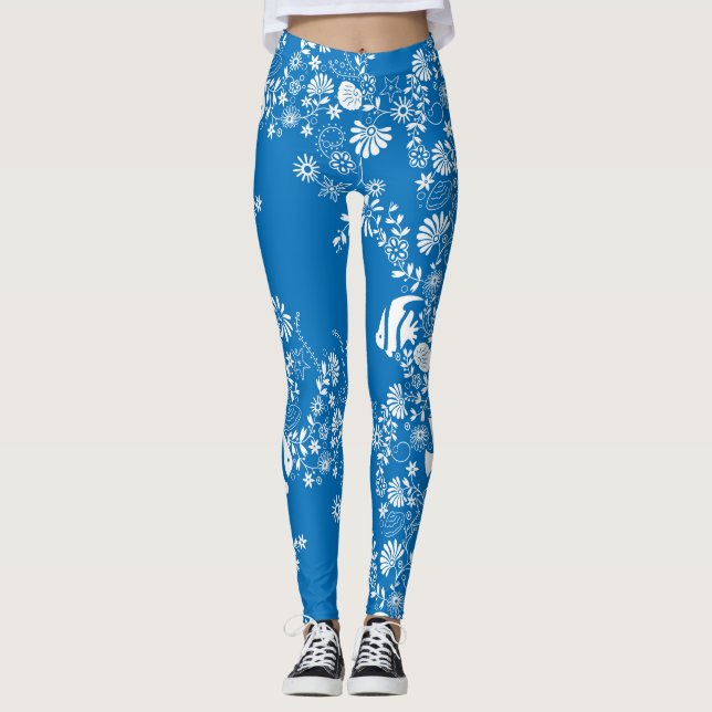 Blue White Ocean Life Pattern Leggings (Front)