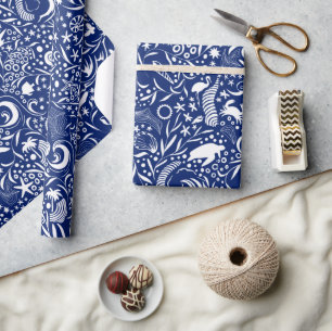 Blue White Ocean Pattern   Dolphin Wave Shell Crab Wrapping Paper