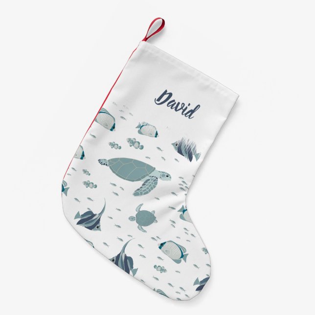 Blue White Ocean Theme Turtles and Fishes Small Christmas Stocking (Front (Hanging))
