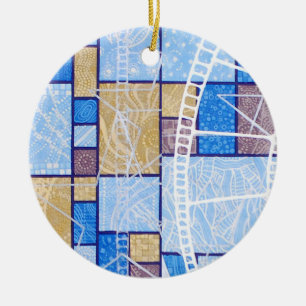 Blue white ochre abstract pattern, stars & squares ceramic tree decoration